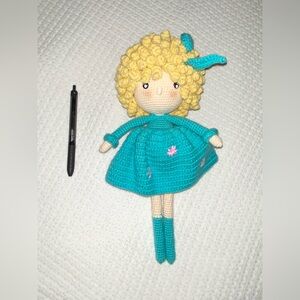 Handmade Crochet Knit Doll with Teal Dress Blonde Hair Big Head Beautiful Doll